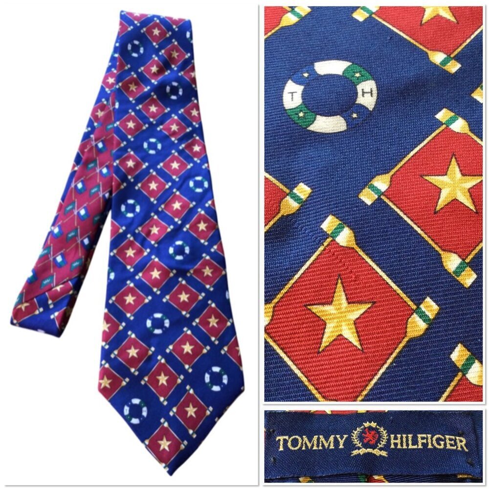 Tommy Hilfiger Mens Nautical Silk Tie Red Blue Stars Italian Silk USA Old Money